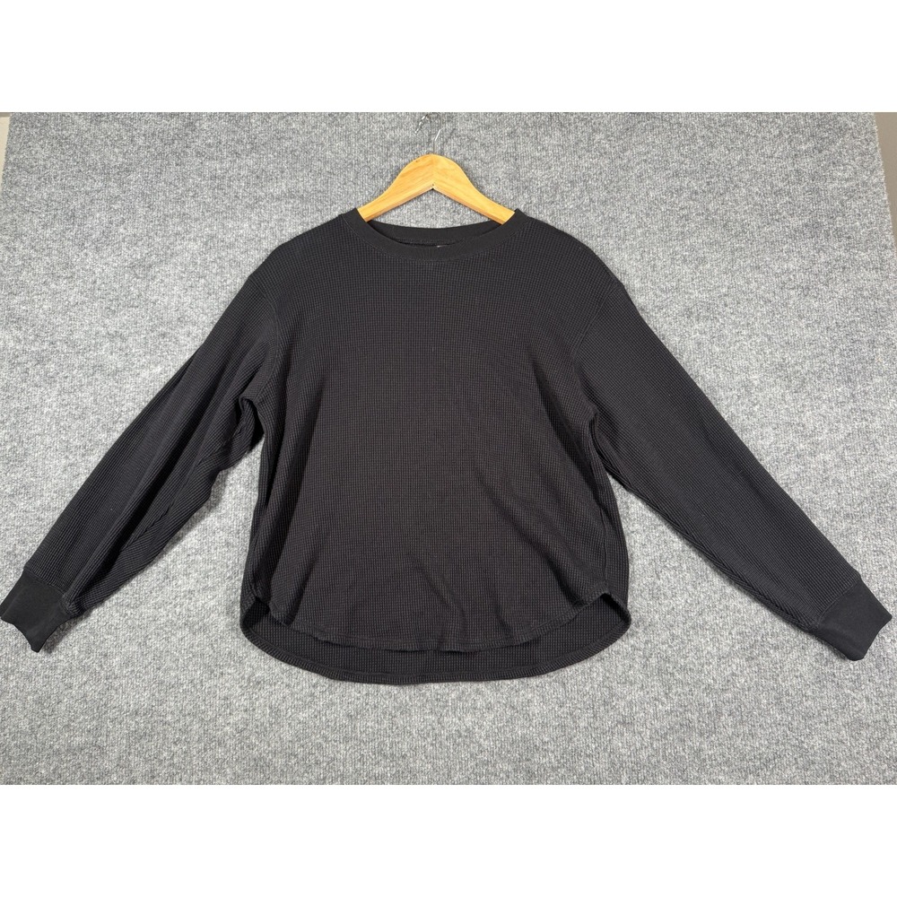 Uniqlo Waffle Knit Thermal Shirt Women's Medium Black Ribbed Cuffs Long Sleeve